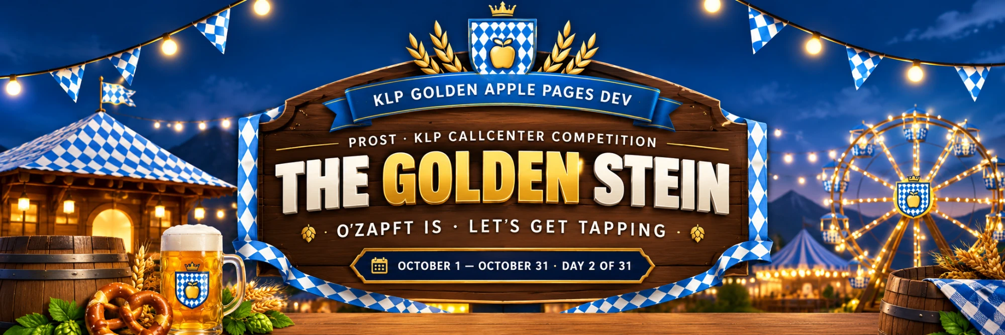 The Golden Stein — KLP Callcenter Competition. Oktoberfest banner with a beer tent, Ferris wheel and barrels.